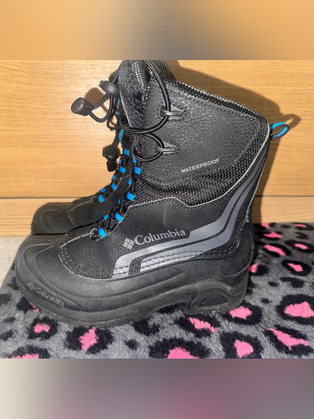 Columbia Kids Black Winter Boots with Blue Lace Accents